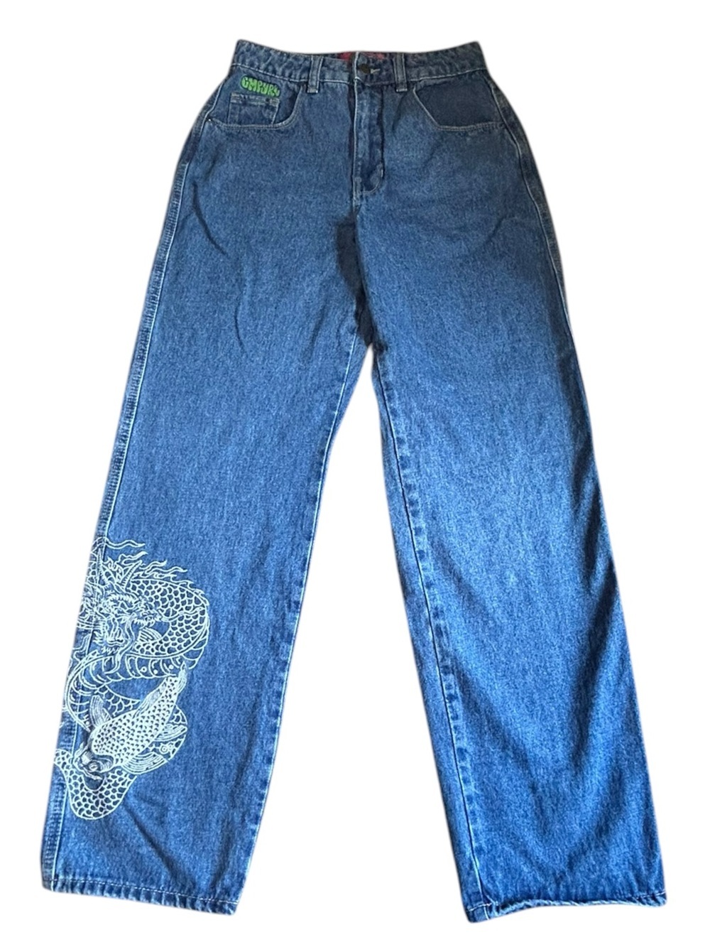 Empyre Y2K Dragon Koi Jeans Size 2 Baggy Relaxed Fit Denim Streetwear